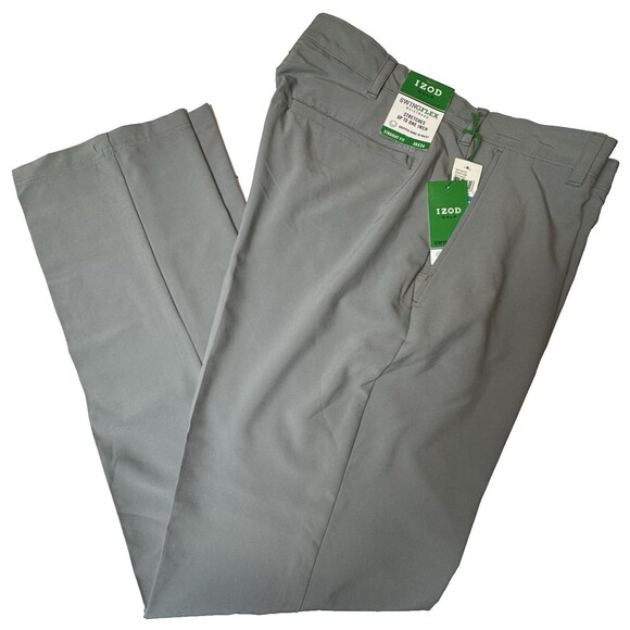 IZOD Mens Size 36X34 Gray Golf Swingflex Stretch Flat Front Pant Chino UPF 50